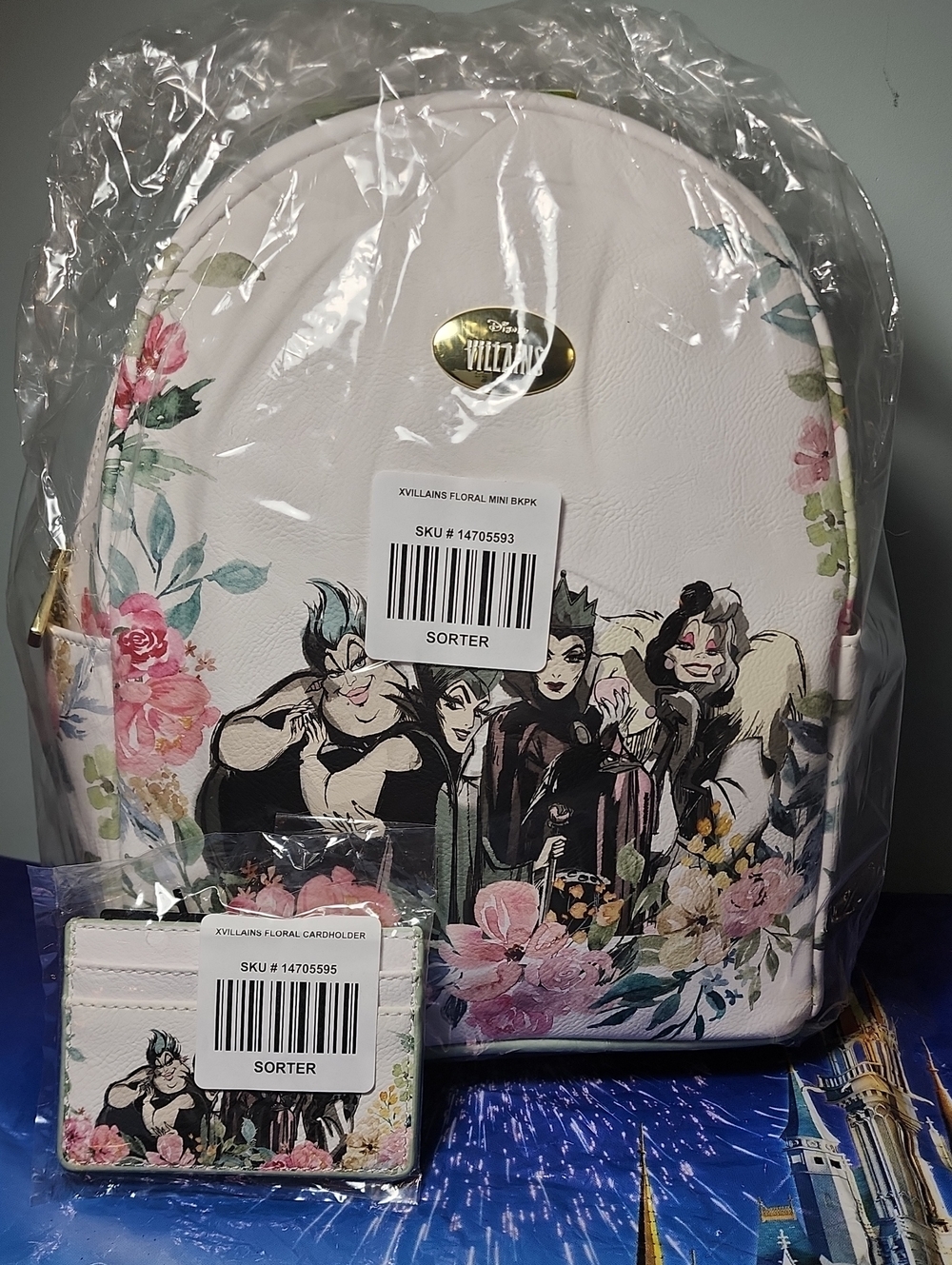 NWT Disney Villains Loungefly X Floral Print Mini Backpack & Wallet